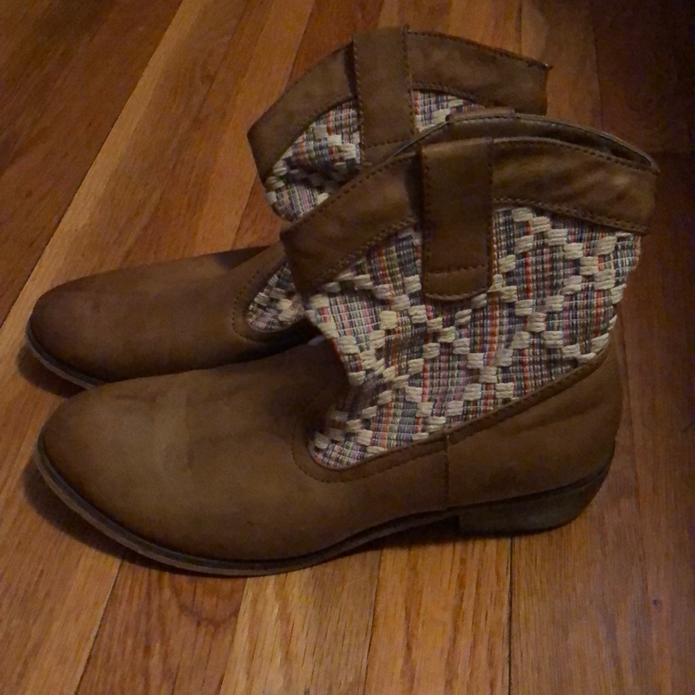 Women’s booties. Tan with fabric top.